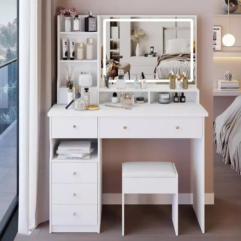 Okak Vanity Table with Drawers and Lights,41 Left-Side Vanity Desk with Cushioned Stool & Extra-Large Touch Sliding LED Mirror,White