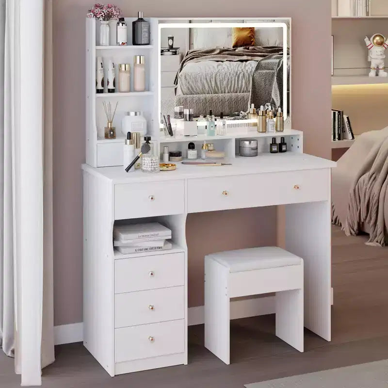 Table de maquillage Okak avec tiroirs et lumières, coiffeuse de 104 cm avec tabouret rembourré et miroir LED tactile coulissant extra-large, blanc