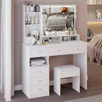Table de maquillage Okak avec tiroirs et lumières, coiffeuse de 104 cm avec tabouret rembourré et miroir LED tactile coulissant extra-large, blanc