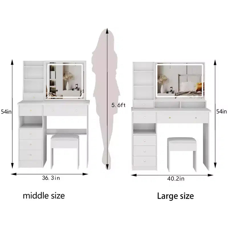 Table de maquillage Okak avec tiroirs et lumières, coiffeuse de 104 cm avec tabouret rembourré et miroir LED tactile coulissant extra-large, blanc
