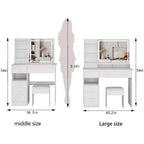 Table de maquillage Okak avec tiroirs et lumières, coiffeuse de 104 cm avec tabouret rembourré et miroir LED tactile coulissant extra-large, blanc