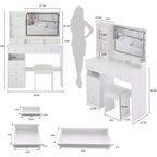 Table de maquillage Okak avec tiroirs et lumières, coiffeuse de 104 cm avec tabouret rembourré et miroir LED tactile coulissant extra-large, blanc