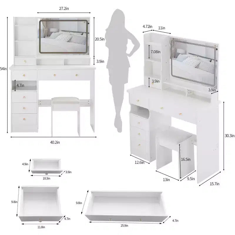 Table de maquillage Okak avec tiroirs et lumières, coiffeuse de 104 cm avec tabouret rembourré et miroir LED tactile coulissant extra-large, blanc