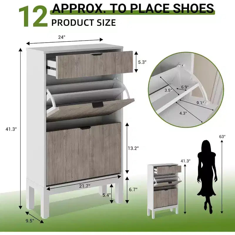 Meuble de rangement pour chaussures Acekool avec 2 tiroirs basculants et un petit tiroir, meuble d'entrée fin avec portes cannelées