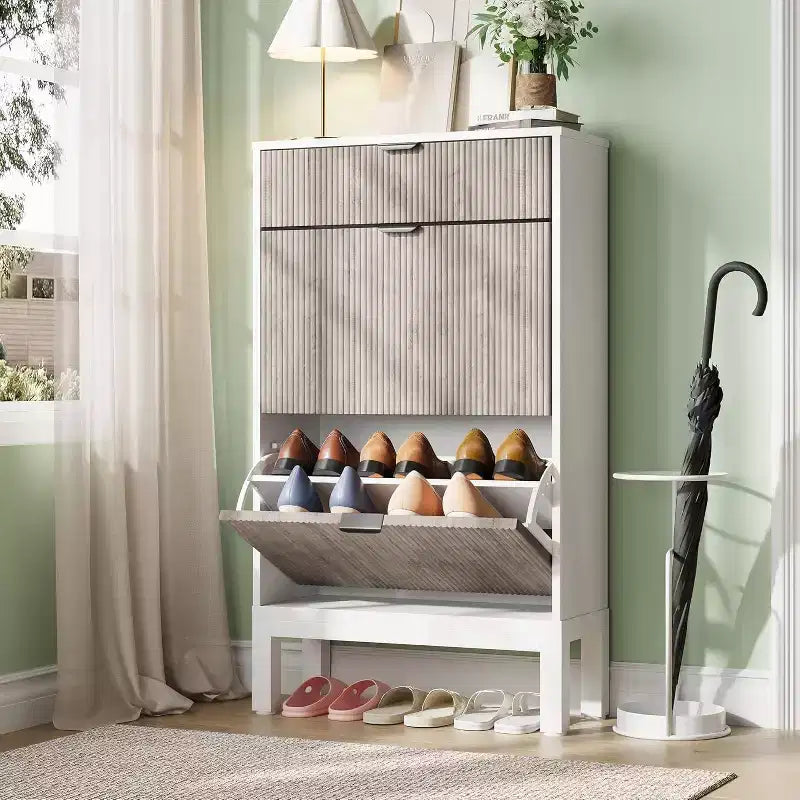 Meuble de rangement pour chaussures Acekool avec 2 tiroirs basculants et un petit tiroir, meuble d'entrée fin avec portes cannelées