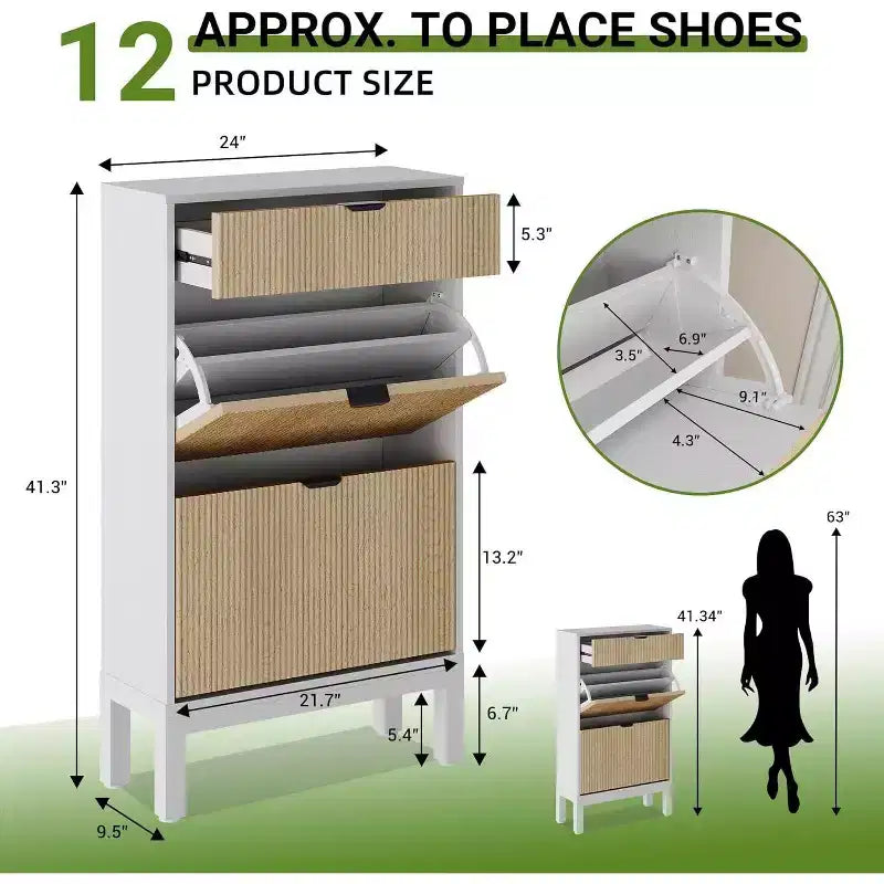 Meuble de rangement pour chaussures Acekool avec 2 tiroirs basculants et un petit tiroir, meuble d'entrée fin avec portes cannelées