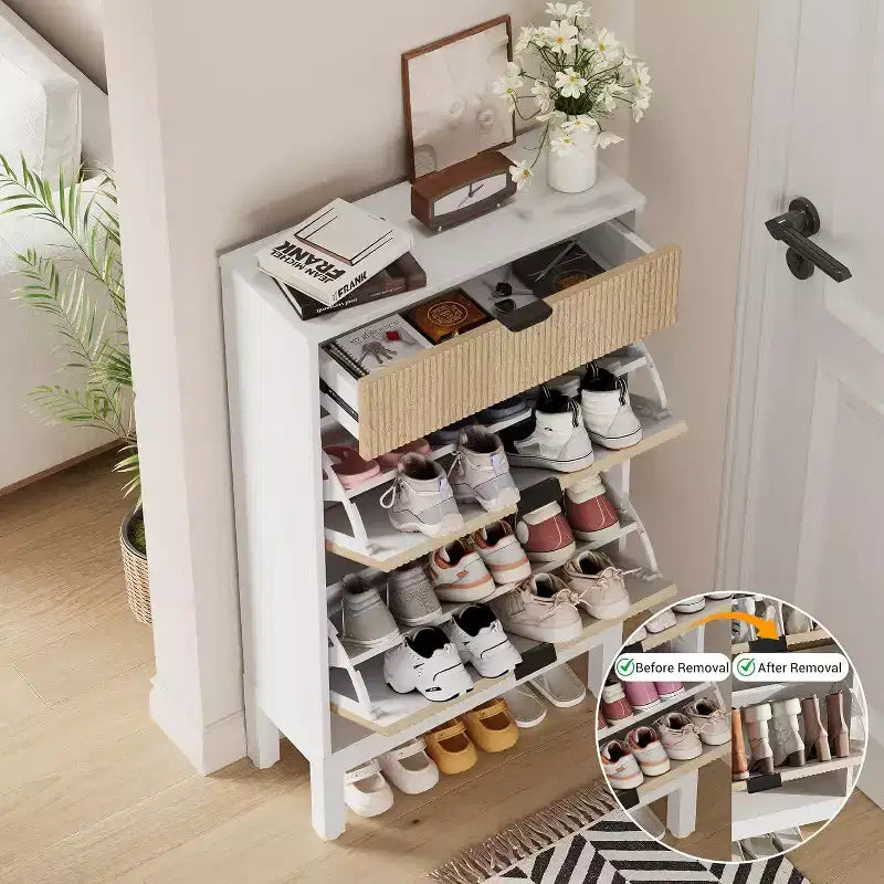 Meuble de rangement pour chaussures Acekool avec 2 tiroirs basculants et un petit tiroir, meuble d'entrée fin avec portes cannelées