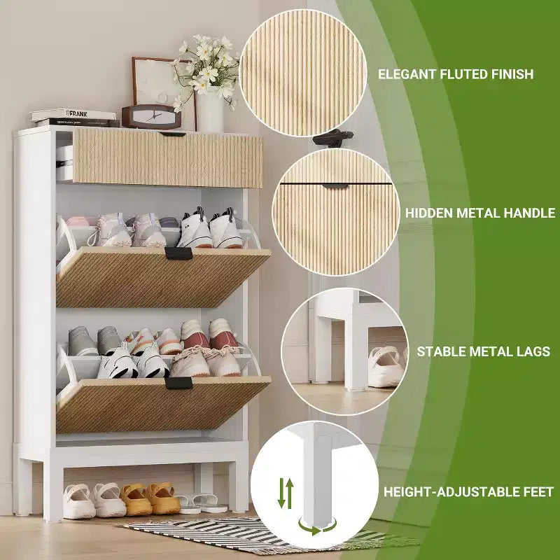 Meuble de rangement pour chaussures Acekool avec 2 tiroirs basculants et un petit tiroir, meuble d'entrée fin avec portes cannelées