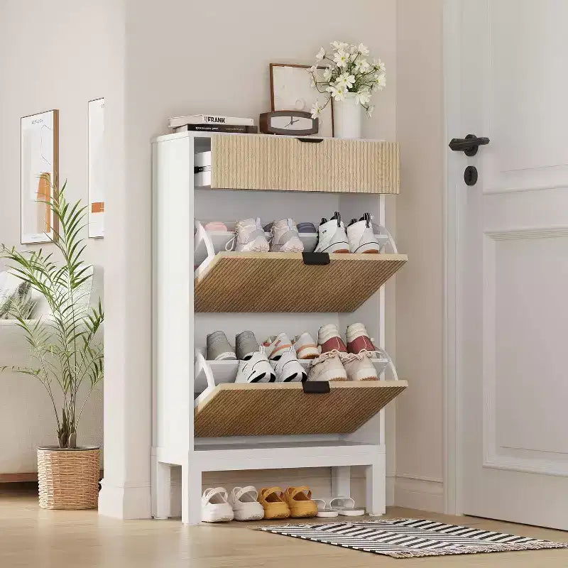 Meuble de rangement pour chaussures Acekool avec 2 tiroirs basculants et un petit tiroir, meuble d'entrée fin avec portes cannelées