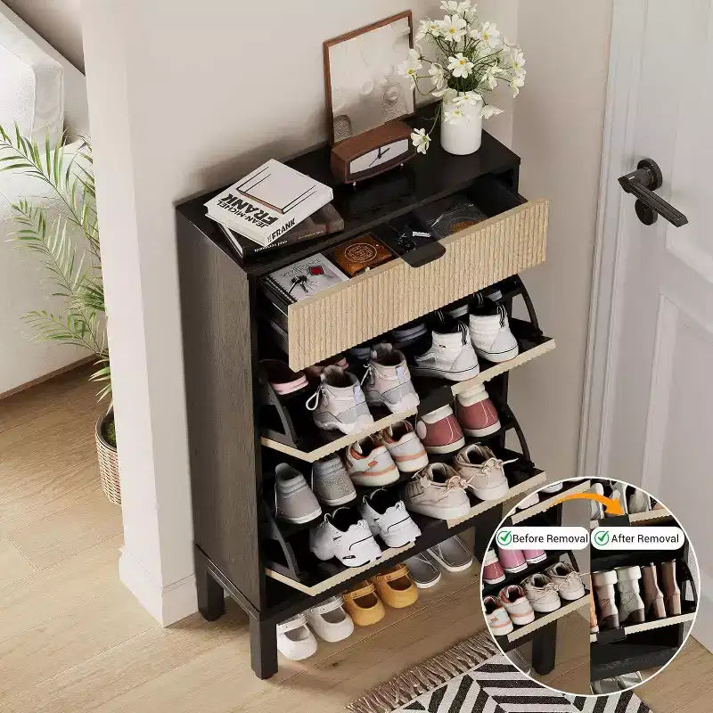 Meuble de rangement pour chaussures Acekool avec 2 tiroirs basculants et un petit tiroir, meuble d'entrée fin avec portes cannelées