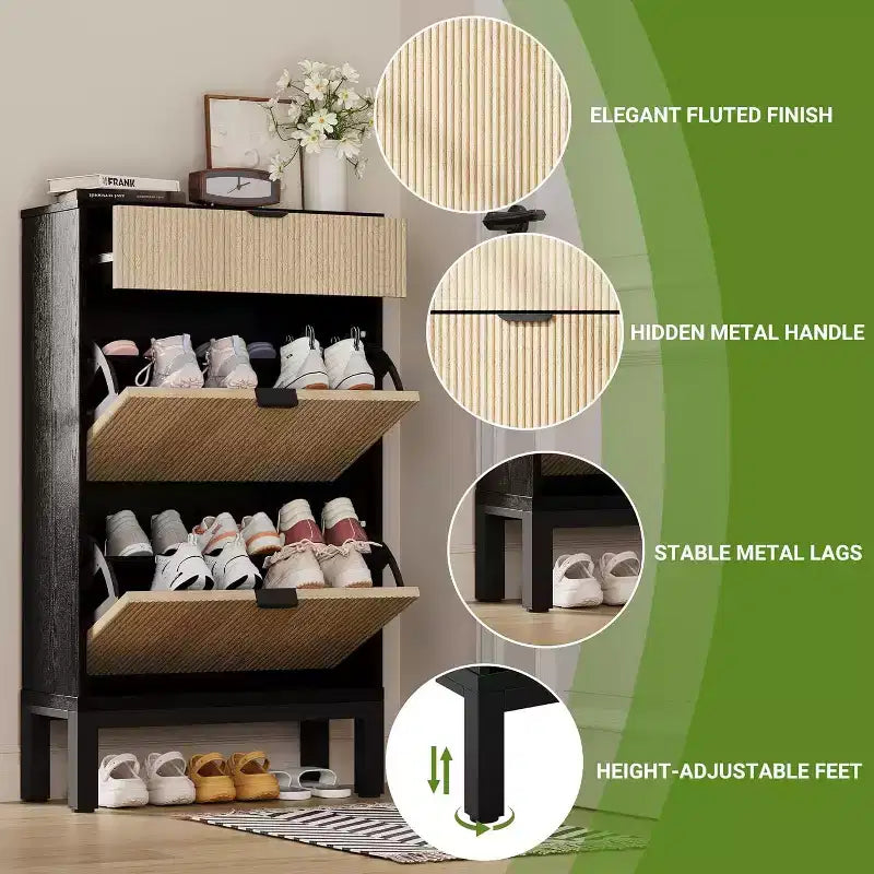 Meuble de rangement pour chaussures Acekool avec 2 tiroirs basculants et un petit tiroir, meuble d'entrée fin avec portes cannelées