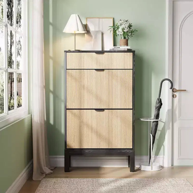Acekool Shoe Storage Organizer with 2 Flip Drawers & Small Drawer, Slim Entryway Cabinet with Fluted Doors