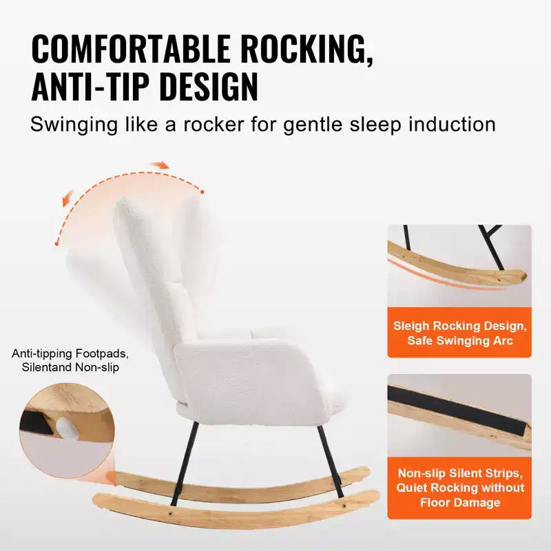 VEVOR Fauteuil à Bascule de Crèche, Fauteuil à Bascule avec Assise Douce et Dossier Haut, Tissu Teddy Capacité de Poids de 113 kg, Blanc Ivoire