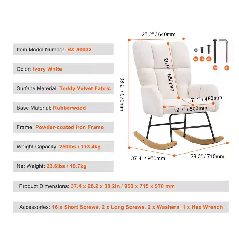 VEVOR Fauteuil à Bascule de Crèche, Fauteuil à Bascule avec Assise Douce et Dossier Haut, Tissu Teddy Capacité de Poids de 113 kg, Blanc Ivoire
