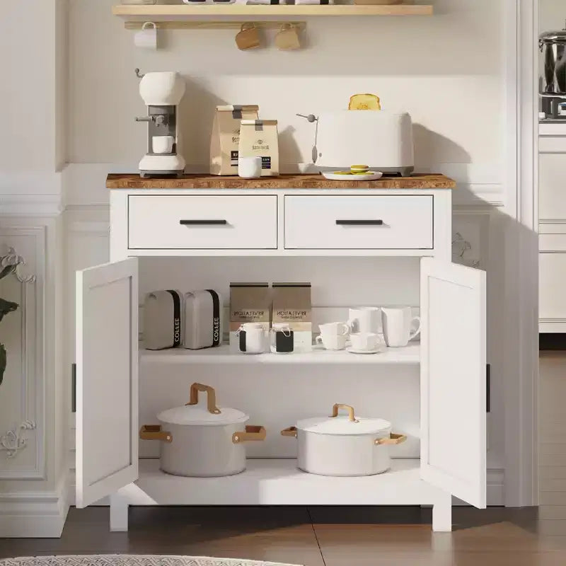 Meuble de rangement de cuisine blanc, buffet de ferme moderne avec rangement, bar à café avec 2 tiroirs et 2 portes