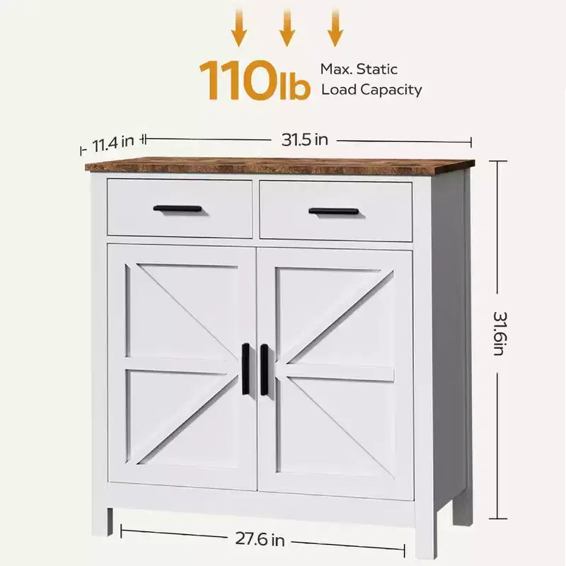 Meuble de rangement de cuisine blanc, buffet de ferme moderne avec rangement, bar à café avec 2 tiroirs et 2 portes