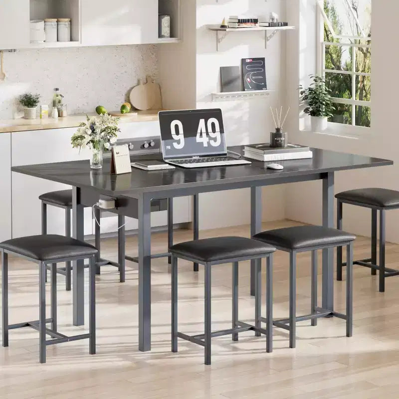 Ensemble de table à manger 7 pièces VECELO avec 6 tabourets, table de cuisine extensible de 160 cm avec cadre en métal, petits espaces, noir