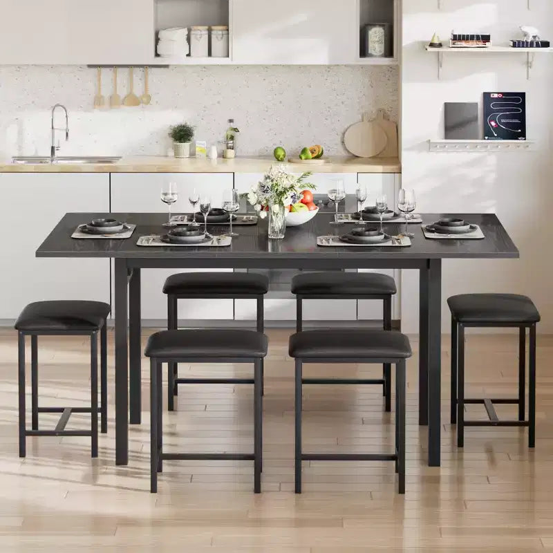 Ensemble de table à manger 7 pièces VECELO avec 6 tabourets, table de cuisine extensible de 160 cm avec cadre en métal, petits espaces, noir