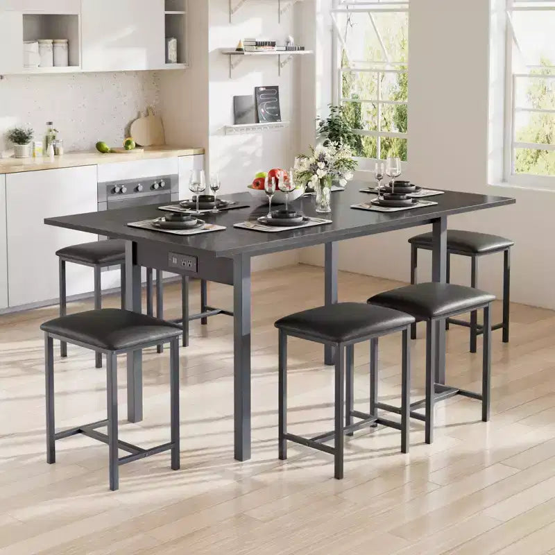 Ensemble de table à manger 7 pièces VECELO avec 6 tabourets, table de cuisine extensible de 160 cm avec cadre en métal, petits espaces, noir