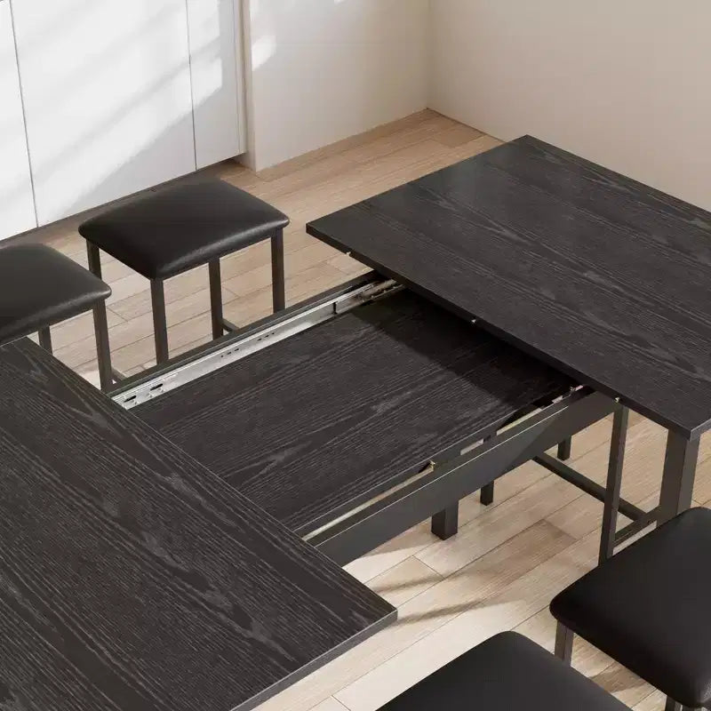 Ensemble de table à manger 7 pièces VECELO avec 6 tabourets, table de cuisine extensible de 160 cm avec cadre en métal, petits espaces, noir