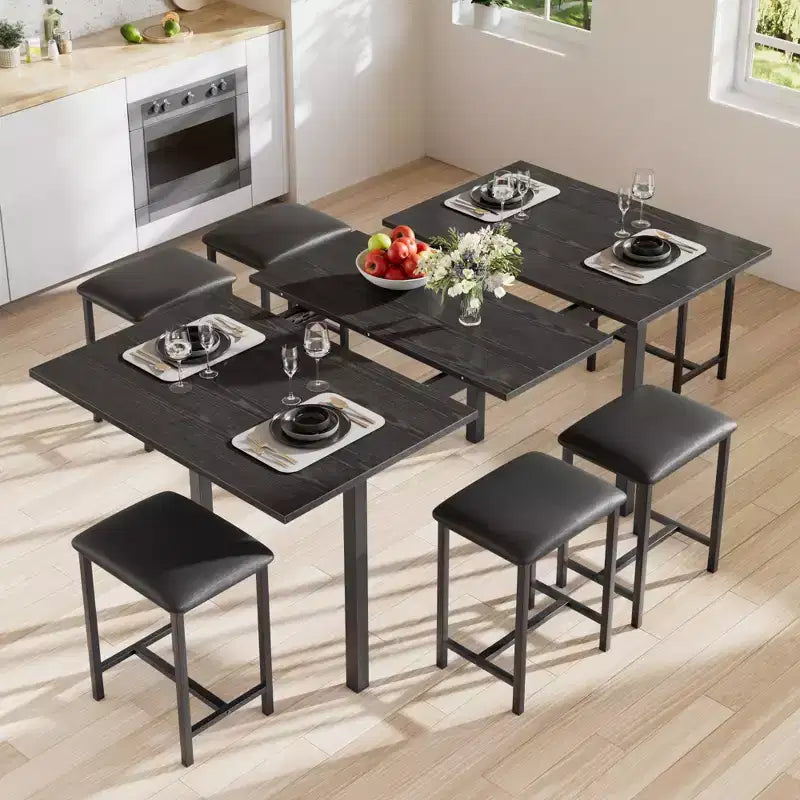 Ensemble de table à manger 7 pièces VECELO avec 6 tabourets, table de cuisine extensible de 160 cm avec cadre en métal, petits espaces, noir