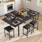 Ensemble de table à manger 7 pièces VECELO avec 6 tabourets, table de cuisine extensible de 160 cm avec cadre en métal, petits espaces, noir
