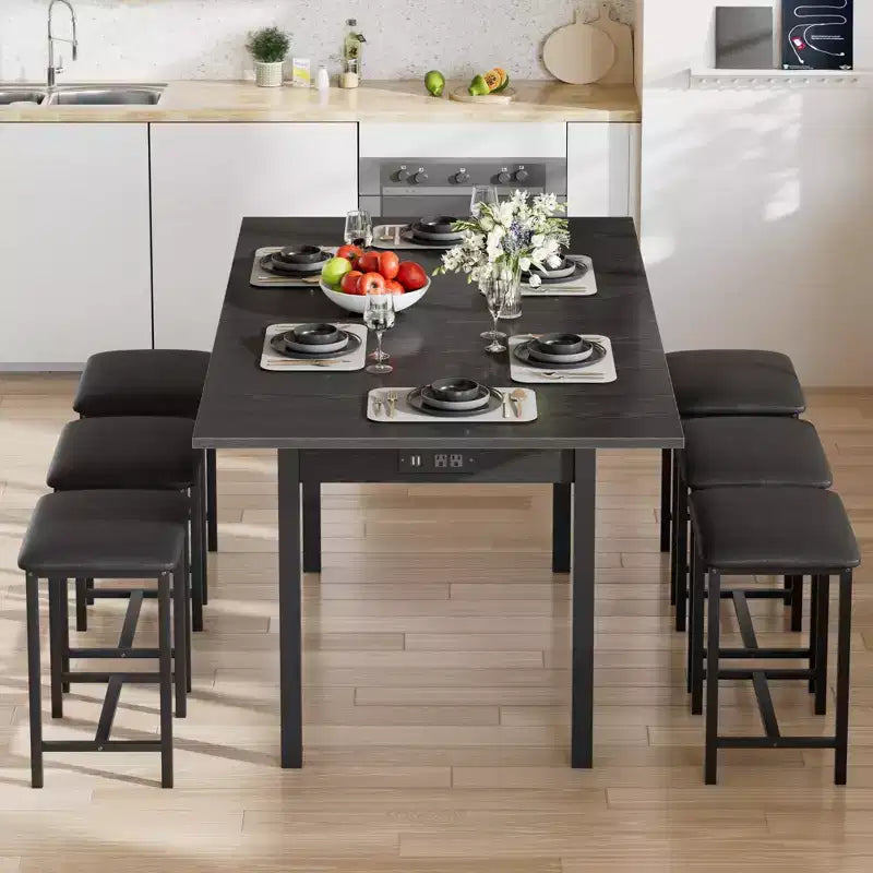 Ensemble de table à manger 7 pièces VECELO avec 6 tabourets, table de cuisine extensible de 160 cm avec cadre en métal, petits espaces, noir