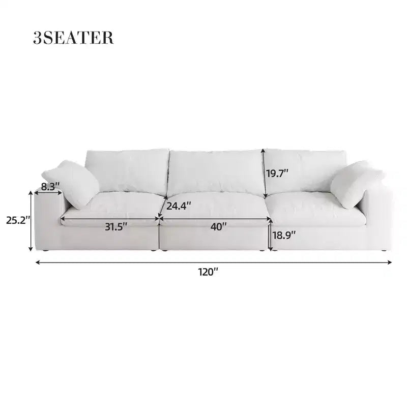 Canapé sectionnel modulaire surdimensionné Cloud, canapé 3 places rembourré en plumes de 120 cm pour salon, canapés minimalistes à assise large et profonde