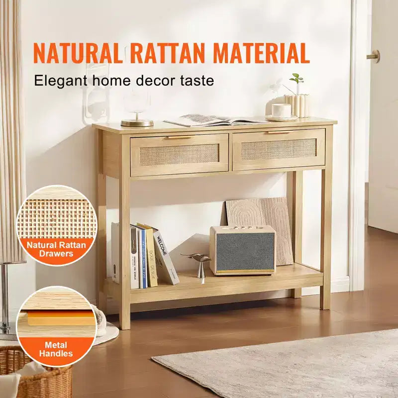 Console en rotin VEVOR avec 2 tiroirs de rangement, table d'entrée en rotin avec porte coulissante en rotin naturel, table de console/canapé, naturel