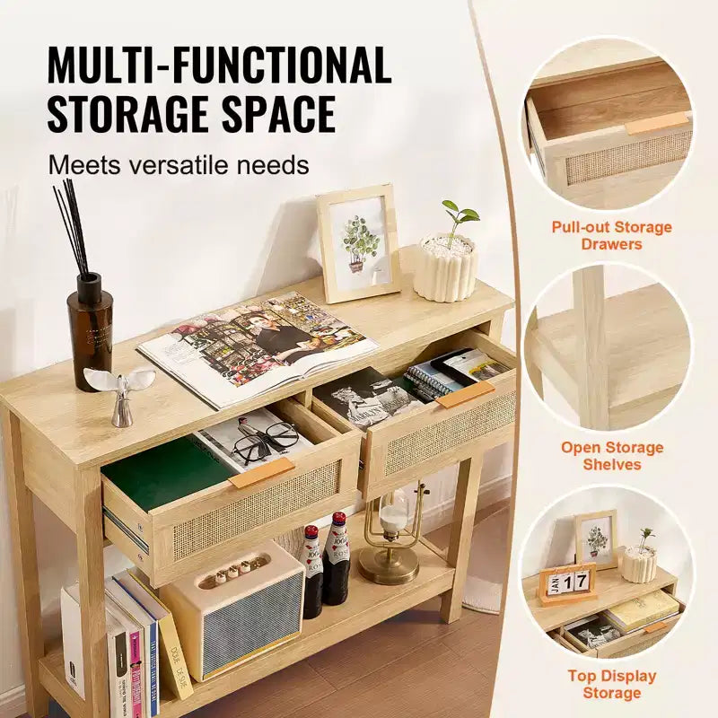 Console en rotin VEVOR avec 2 tiroirs de rangement, table d'entrée en rotin avec porte coulissante en rotin naturel, table de console/canapé, naturel