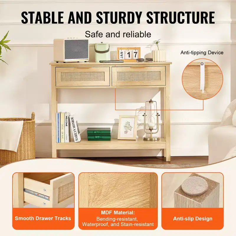 Console en rotin VEVOR avec 2 tiroirs de rangement, table d'entrée en rotin avec porte coulissante en rotin naturel, table de console/canapé, naturel