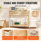 Console en rotin VEVOR avec 2 tiroirs de rangement, table d'entrée en rotin avec porte coulissante en rotin naturel, table de console/canapé, naturel