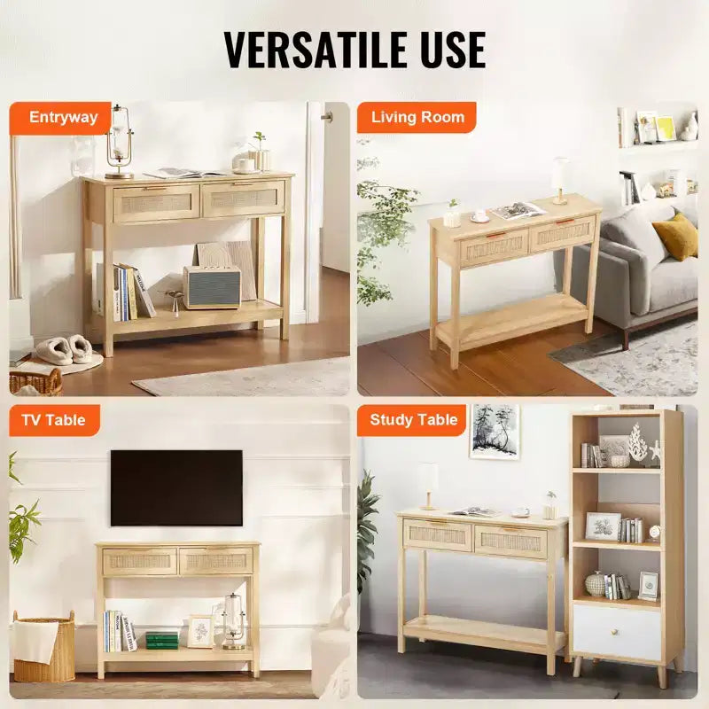 Console en rotin VEVOR avec 2 tiroirs de rangement, table d'entrée en rotin avec porte coulissante en rotin naturel, table de console/canapé, naturel