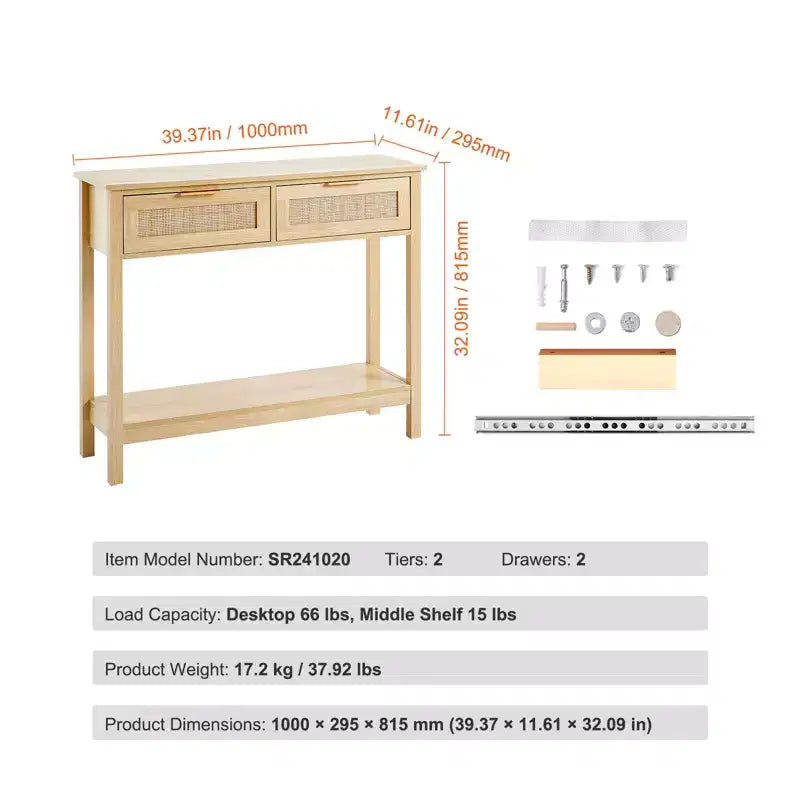 Console en rotin VEVOR avec 2 tiroirs de rangement, table d'entrée en rotin avec porte coulissante en rotin naturel, table de console/canapé, naturel