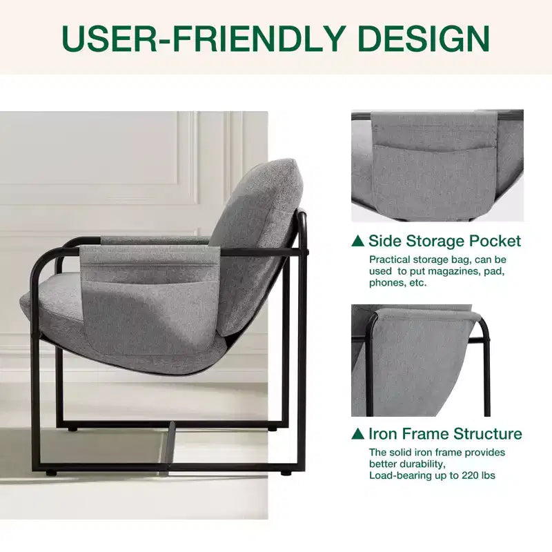 Fauteuil d'appoint Hommpa mi-siècle, ergonomique, en lin, avec poches latérales et structure en acier, gris