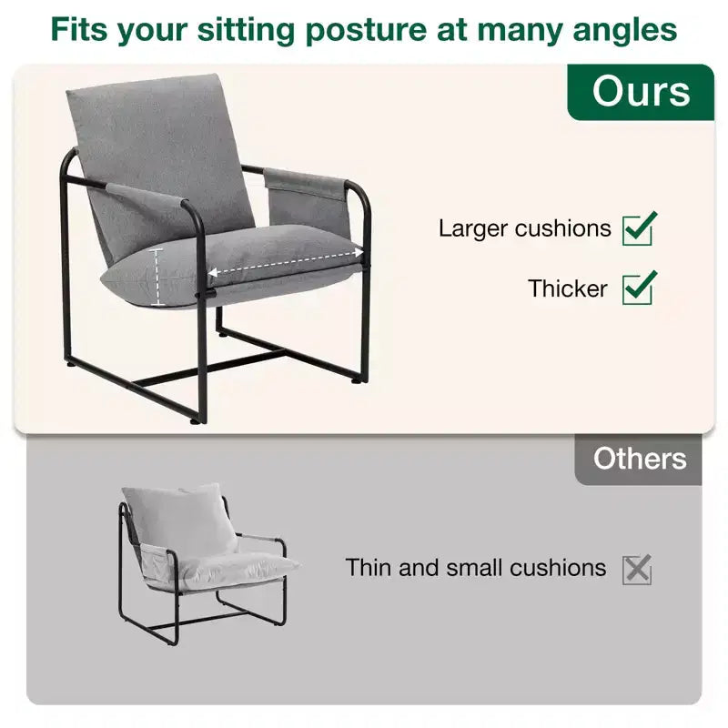 Fauteuil d'appoint Hommpa mi-siècle, ergonomique, en lin, avec poches latérales et structure en acier, gris