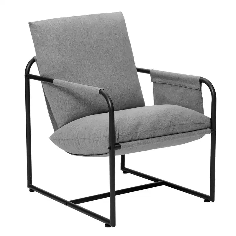 Fauteuil d'appoint Hommpa mi-siècle, ergonomique, en lin, avec poches latérales et structure en acier, gris