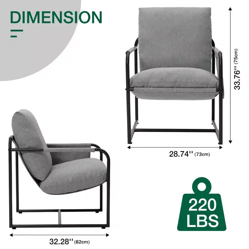 Fauteuil d'appoint Hommpa mi-siècle, ergonomique, en lin, avec poches latérales et structure en acier, gris