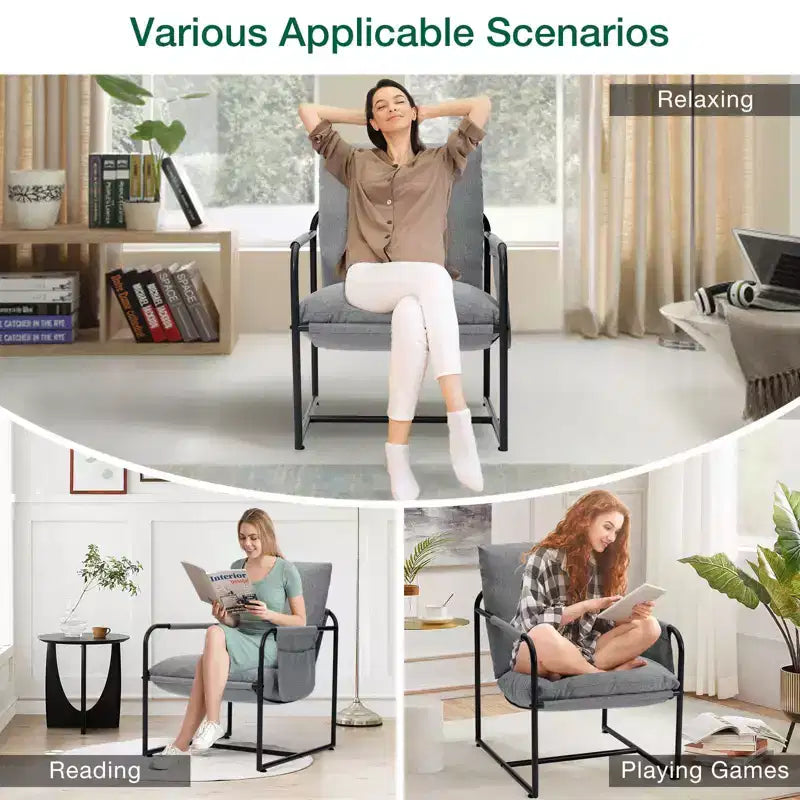 Fauteuil d'appoint Hommpa mi-siècle, ergonomique, en lin, avec poches latérales et structure en acier, gris