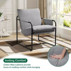 Fauteuil d'appoint Hommpa mi-siècle, ergonomique, en lin, avec poches latérales et structure en acier, gris