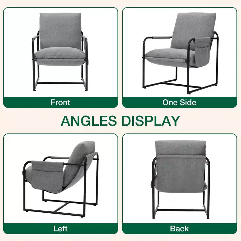 Fauteuil d'appoint Hommpa mi-siècle, ergonomique, en lin, avec poches latérales et structure en acier, gris