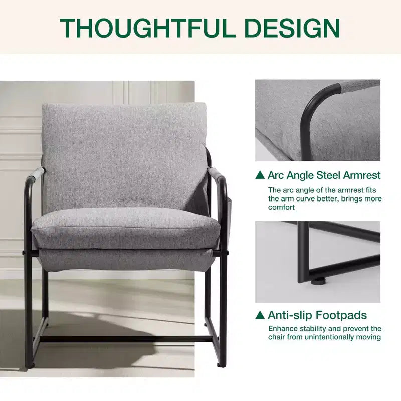 Fauteuil d'appoint Hommpa mi-siècle, ergonomique, en lin, avec poches latérales et structure en acier, gris