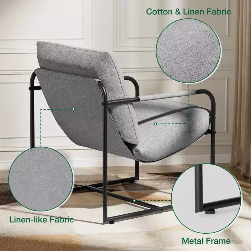 Fauteuil d'appoint Hommpa mi-siècle, ergonomique, en lin, avec poches latérales et structure en acier, gris