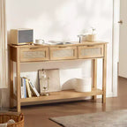 VEVOR Console en rotin avec 3 tiroirs de rangement, table d'entrée en rotin avec porte coulissante en rotin naturel, table de canapé console, naturelle