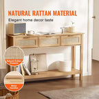 VEVOR Console en rotin avec 3 tiroirs de rangement, table d'entrée en rotin avec porte coulissante en rotin naturel, table de canapé console, naturelle