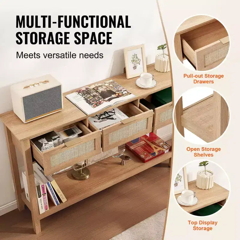 VEVOR Console en rotin avec 3 tiroirs de rangement, table d'entrée en rotin avec porte coulissante en rotin naturel, table de canapé console, naturelle
