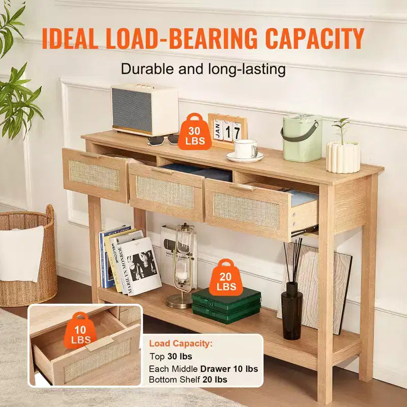 VEVOR Console en rotin avec 3 tiroirs de rangement, table d'entrée en rotin avec porte coulissante en rotin naturel, table de canapé console, naturelle