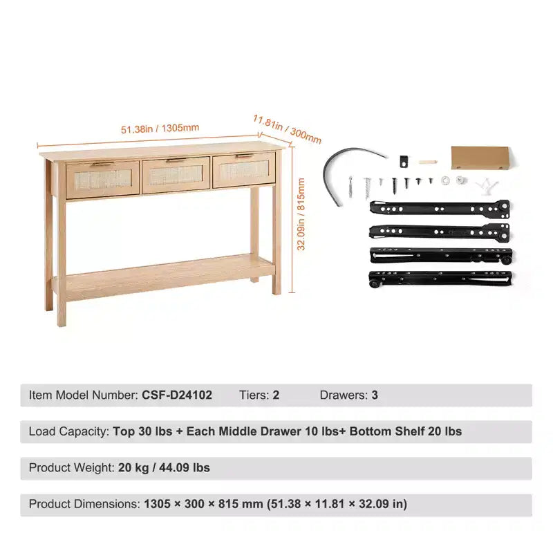 VEVOR Console en rotin avec 3 tiroirs de rangement, table d'entrée en rotin avec porte coulissante en rotin naturel, table de canapé console, naturelle