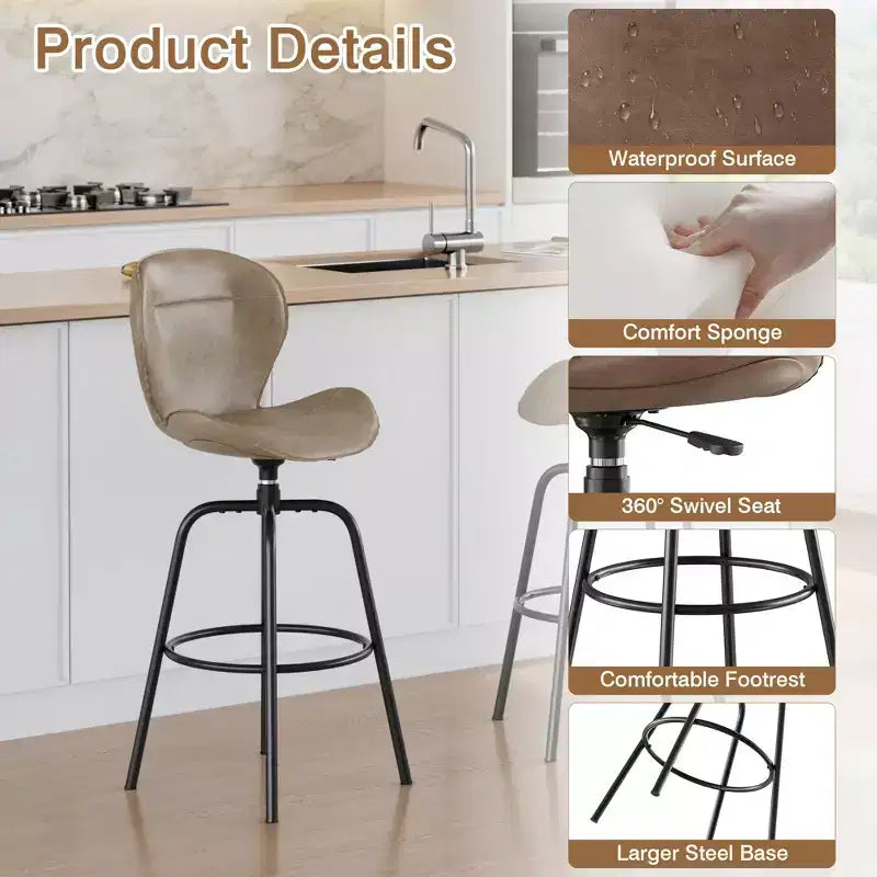 VECELO Tabouret de Bar en Similicuir Hauteur Comptoir avec Pieds en Métal et Repose-Pieds, Marron