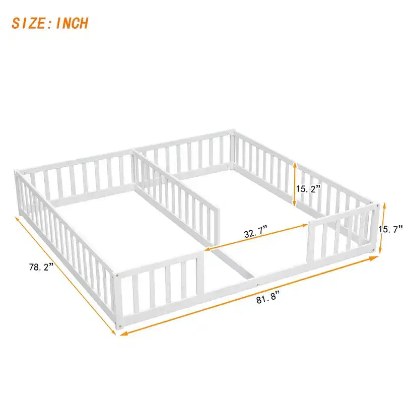 Cadre de lit double Okak avec barrières de sécurité, sans porte, lit au sol moderne pour chambre de tout-petits/enfants